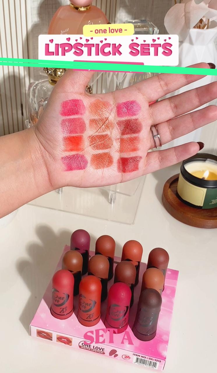 One Love 12pcs Matte Lipstick Set | Ultra-Matte, Long-Lasting & Highly Pigmented Lipsticks | 2 Settings Available | Smooth & Non-Drying Formula JZ Cosmetics