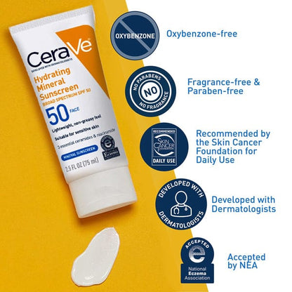 CeraVe Hydrating Mineral Sunscreen SPF 50 (88ml) – 100% Mineral UV Protection JZCosmetics.com