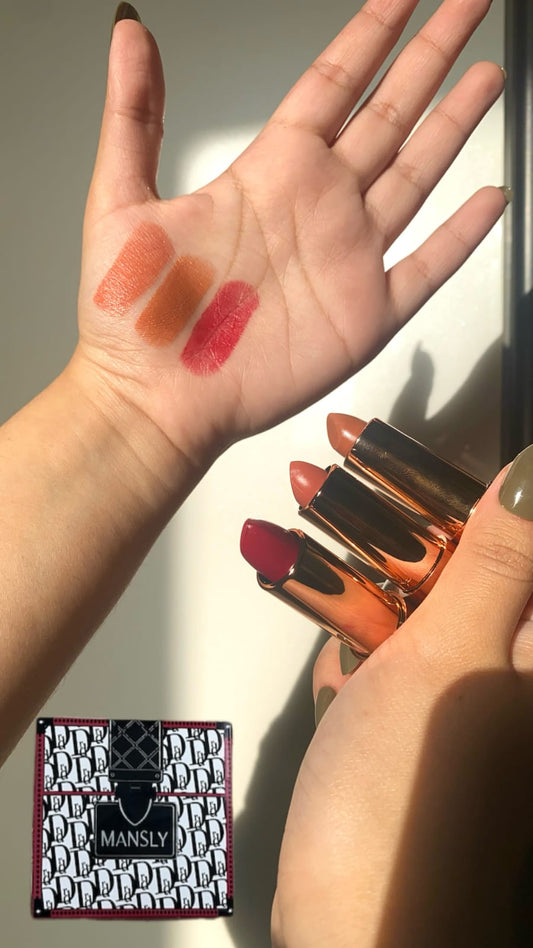 Mansly Pack of 3 Classic Lipsticks – Long-Lasting, Smooth Matte & Glossy Shades | Hydrating & Vibrant Colors | Makeup Essential for Everyday Glam JZCosmetics.com