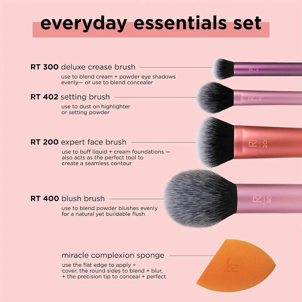 Real Techniques Everyday Essentials Brush Set with Sponge – Makeup Tools Kit JZCosmetics.com