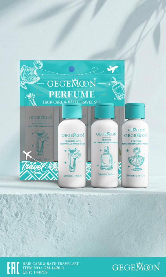 GegeMoon 3-In-1 Hair Care Travel Kit – Shampoo, Shower Gel & Hair Mask | Coconut & Perfume Variants | Hydrating & Nourishing Mini Travel Set