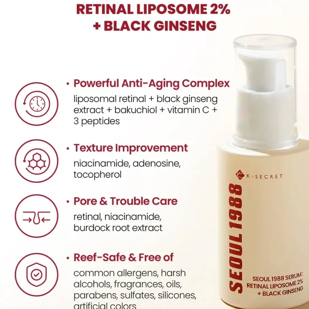 K-Secret Seoul 1988 Retinol & Black Ginseng Serum 30ml | Anti-Aging, Firming & Brightening Face Serum | Made in Korea JZ Cosmetics