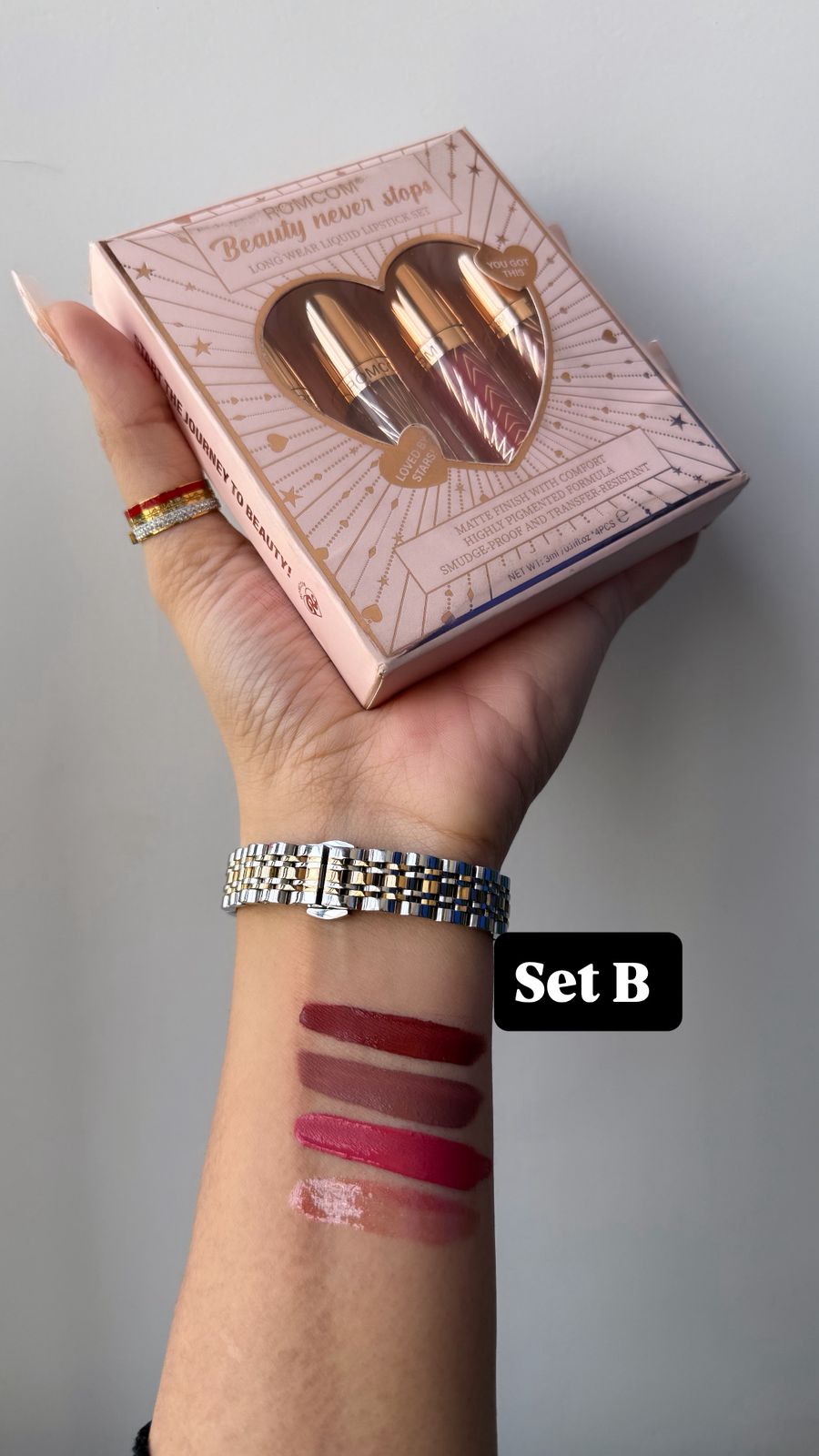Romcom Beauty Never Stops Long Wear Liquid Lipstick Set | Ultra-Matte, Transfer-Proof & Waterproof | 3 Settings Available | Made in China JZ Cosmetics
