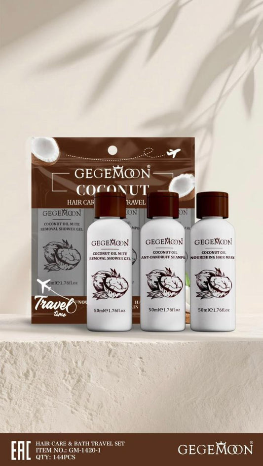 GegeMoon 3-In-1 Hair Care Travel Kit – Shampoo, Shower Gel & Hair Mask | Coconut & Perfume Variants | Hydrating & Nourishing Mini Travel Set