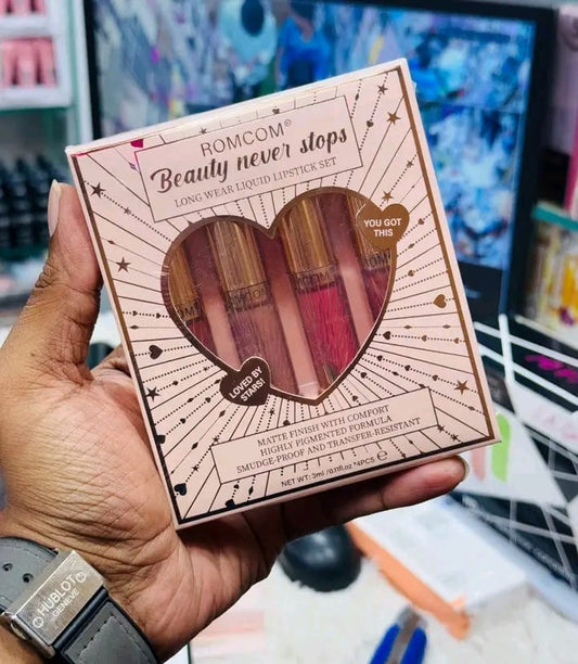 Romcom Beauty Never Stops Long Wear Liquid Lipstick Set | Ultra-Matte, Transfer-Proof & Waterproof | 3 Settings Available | Made in China JZ Cosmetics