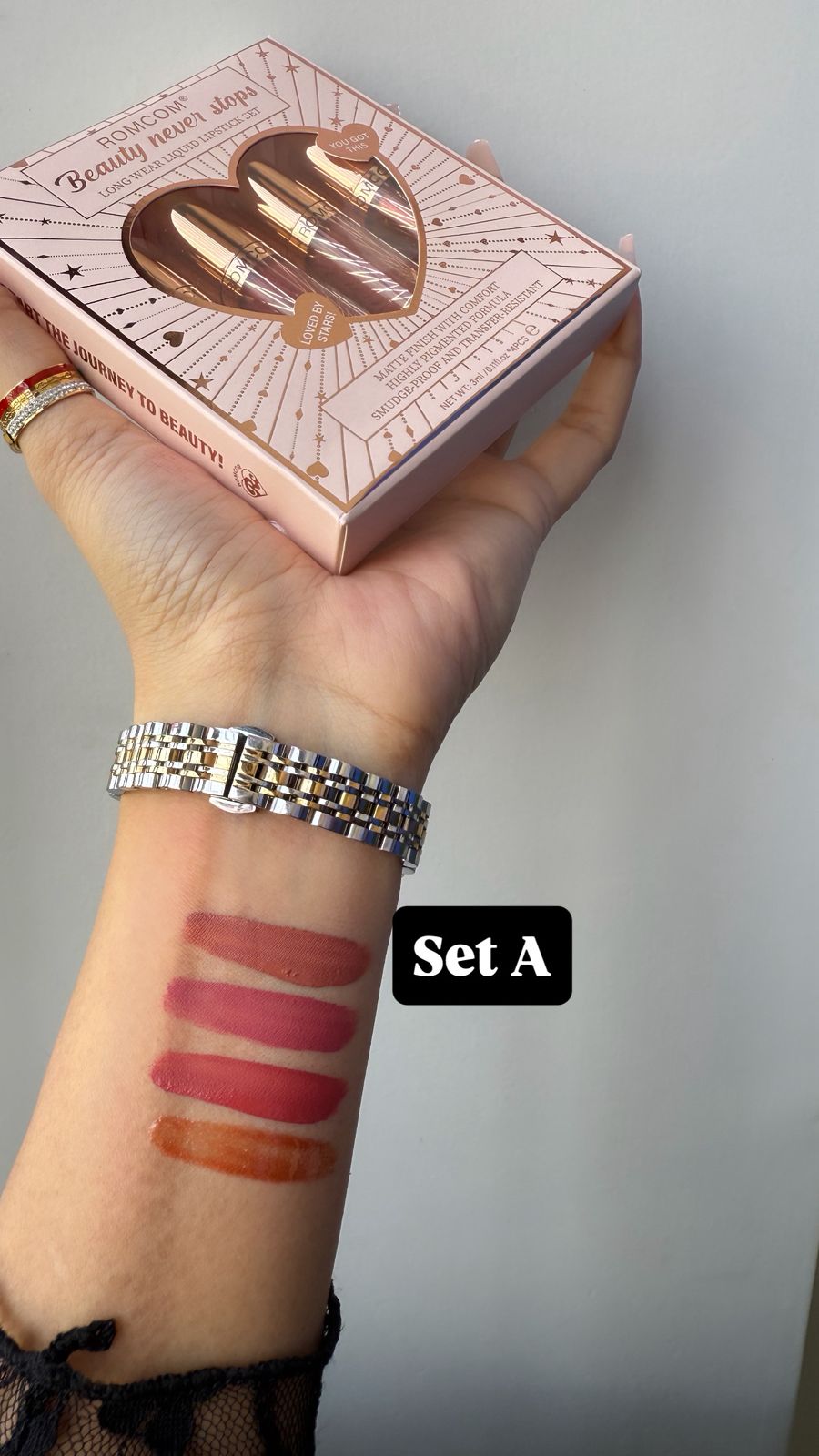 Romcom Beauty Never Stops Long Wear Liquid Lipstick Set | Ultra-Matte, Transfer-Proof & Waterproof | 3 Settings Available | Made in China JZ Cosmetics