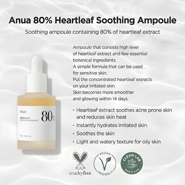 ANUA Heartleaf 80% Moisture Soothing Ampoule | Calming & Hydrating | Redness Relief | Lightweight Daily Skin Soother | 30ml | Made in Korea JZCosmetics.com