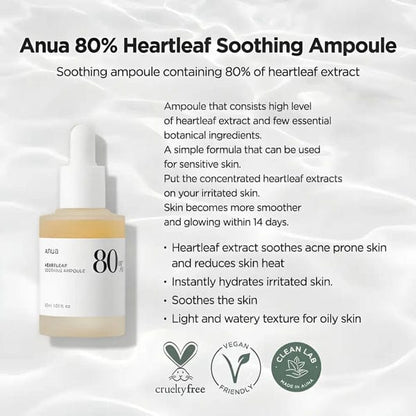 ANUA Heartleaf 80% Moisture Soothing Ampoule | Calming & Hydrating | Redness Relief | Lightweight Daily Skin Soother | 30ml | Made in Korea JZCosmetics.com