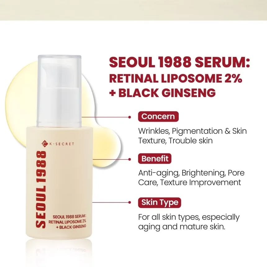 K-Secret Seoul 1988 Retinol & Black Ginseng Serum 30ml | Anti-Aging, Firming & Brightening Face Serum | Made in Korea JZ Cosmetics