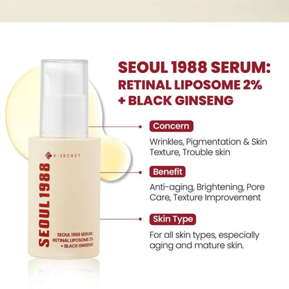 K-Secret Seoul 1988 Retinol & Black Ginseng Serum 30ml | Anti-Aging, Firming & Brightening Face Serum | Made in Korea JZ Cosmetics